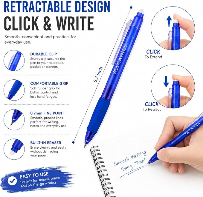 Volcanics Retractable Erasable Gel Pens, 24 Pack, 6 Colors, 0.7mm
