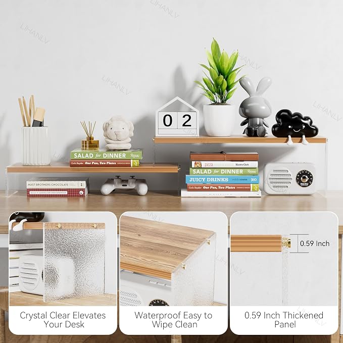 YGYQZ Adjustable Monitor Stand Riser, 7.67"×19.3" Dual Monitor Desk Stand | Adjustable Monitor Riser, Expandable Desk Organizer, 2-Tier Storage, Acrylic Legs, Ergonomic Workspace, Wood Glacial Striae
