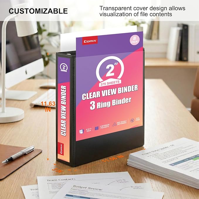 Customizable Round Ring Binder, 2 Inch 3 Ring Binder, Heavy Capacity Minimalist PVC-Free Binder with Clear View Cover, Lay-Flat Design for Extensive Document Organization at Home, School & Office