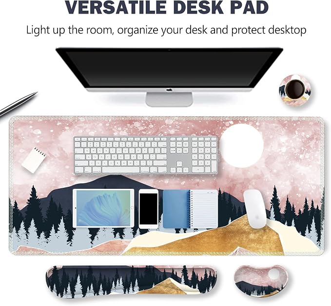 Extended Gaming Mouse Pad Set, Keyboard Wrist Rest Support Pad + Wrist Cushion + XXL Large Mouse Pad + Coaster, Stitched Edge, Non-Slip, Memory Foam Desk Mat, Pink Abstract Mountain