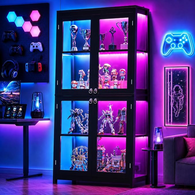 kepptory 65" Glass Display Cabinet with LED Light, Trapezoidal Display Case with 4 Tempered Glass Doors, Curio Storage Cabinet for Collectibles, Figures, Awards, Book and Toy (Black)
