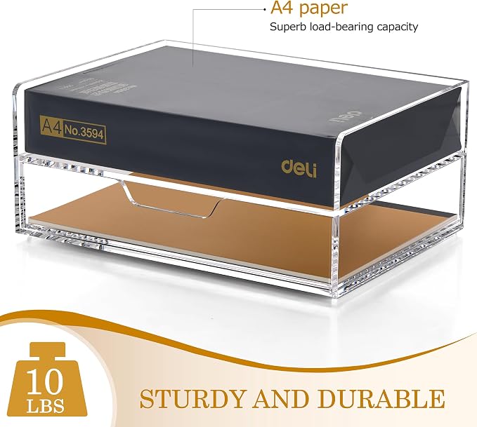 SANRUI 2-Tier File Organizer with 1Drawer, Acrylic Stackable Letter Tray | Desk Drawer Organizer with Paper Tray, Versatile Clear Acrylic Organization for Office Supplies, Home & School Organization