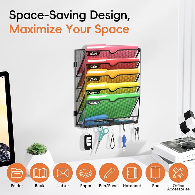 6-Tier Wall File Organizer with Hook, Hanging File Organizer Black | Wall-mounted mail storage holds papers, folders, files, clipboards and magazines, assembly required for office or home use.