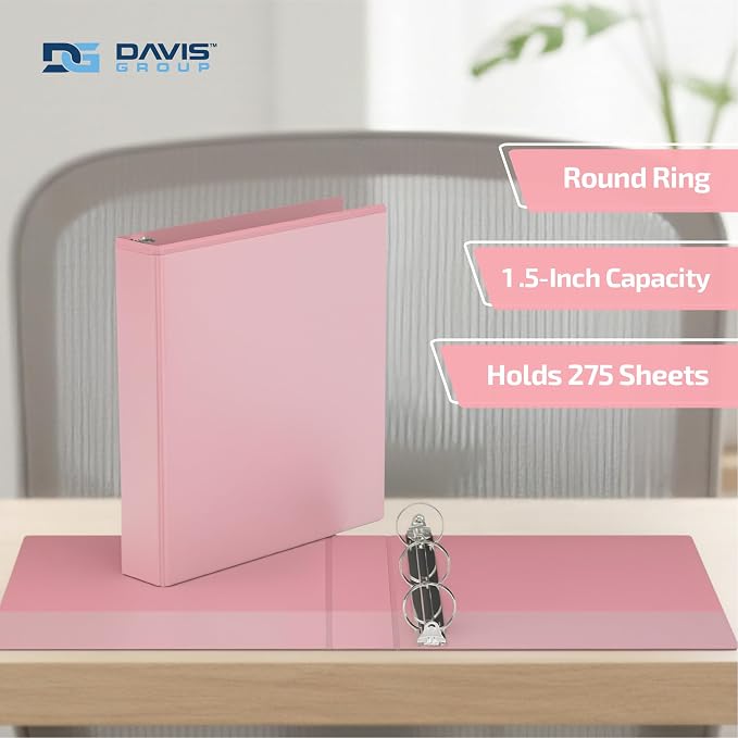 Pack of 6 Premium View Binders, Ring Binders with Clear-View Cover and Interior Pockets, Pastel Color Options, 1.5 Inch, Blush