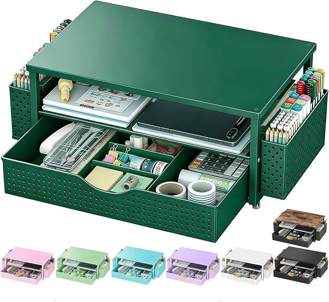 Spacrea Desk Organizer and Accessories, Computer Monitor Stand Riser with Drawer and 2 Pen Holders, Office Desk Accessories & Workspace Organizers for Office Supplies (Dark Green)