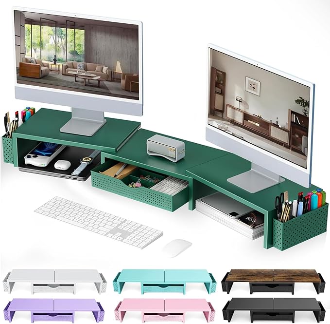 gianotter Dual Monitor Stand Riser With Drawer and 2 Pen Holders | Computer Monitor Stand Desk Organizer and Accessories Desk Shelf for Top of Desk (Green)