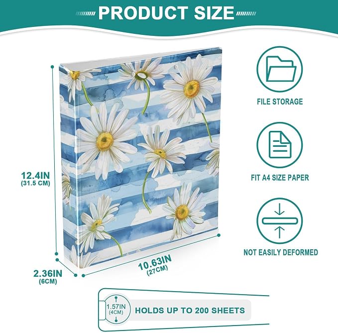 3 Ring Binder, Blue Striped Daisy Flowers File Folder Holds 200 Sheets File Storage for Women Men School Office Supplie