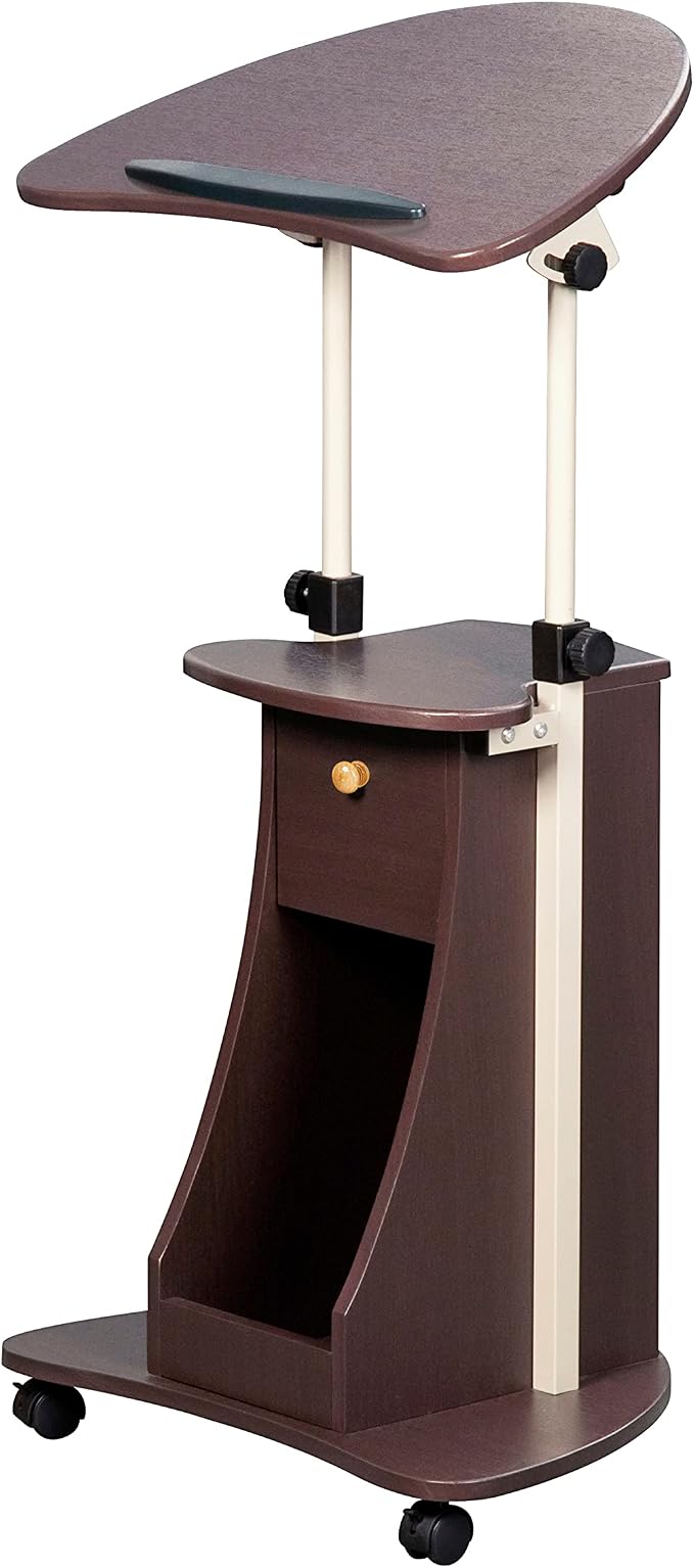 Techni Mobili Sit-to-Stand Rolling Adjustable Storage Medical Laptop Computer Cart, Chocolate, B005 | Adjustable Height Rolling Laptop Cart w/Tilting Top, Storage Shelf, Locking Wheels, Sit to Stand Desk,Mobile Podium,Chocolate