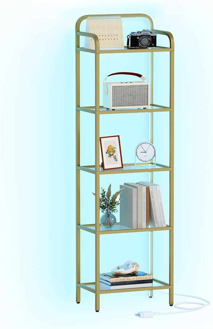 Hzuaneri Bookshelf, Tempered Glass Bookshelves with Lights and Steel Frame | Tall Narrow Bookcase , Display Shelf, Slim Shelving Unit for Living Room, Bedroom, 9.6"D x 15.4"W x 55.9"H Gold BC34599G