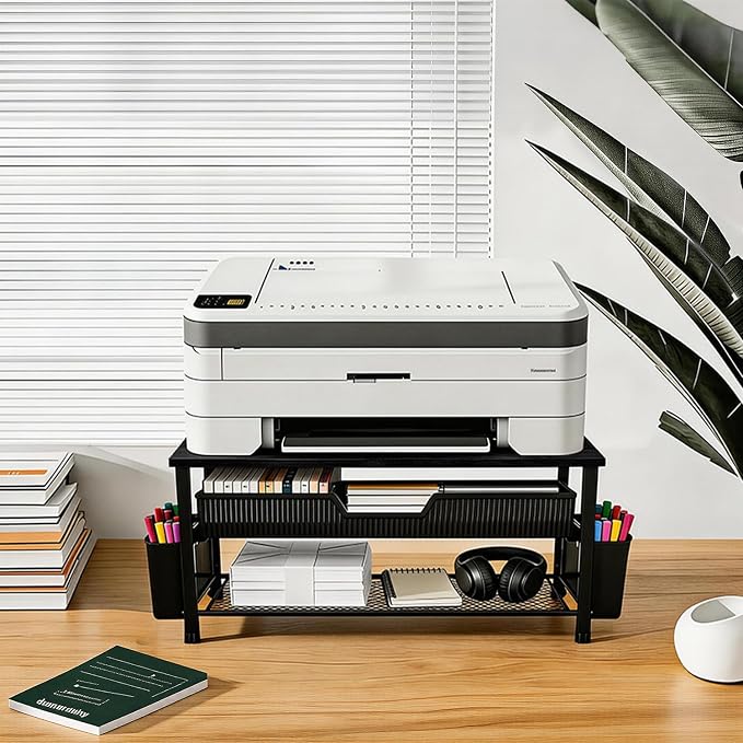 Printer Stand for Desk, Desk Organizer with Storage, Desktop Printer Table for Home Office, Multi-Purpose for Home Printer, Fax Machine, Scanner, Die-Cut Machine (Black)