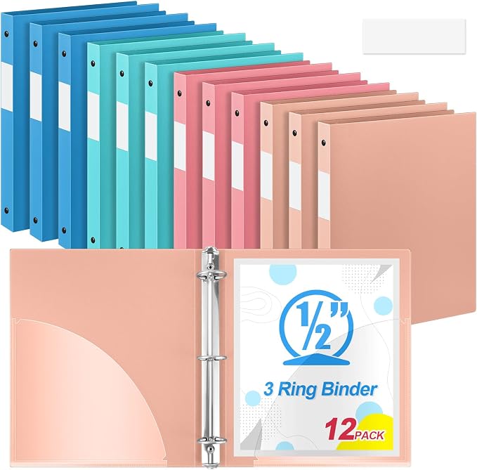 Henoyso 1/2 Inch 3 Ring Colored Binders Soft Flexible, 8.5'' x 11'' Plastic Floppy Binders Bendable with 2 Pockets, Colorful Binder Bulk for School Office Business ，12 Pack (Assorted Vibrant Color)
