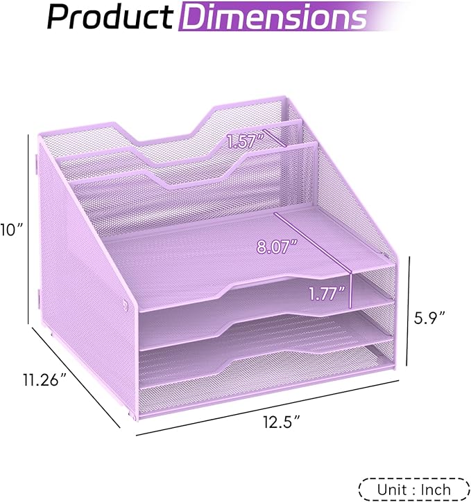 Desk File Organizer, 4 Letter Trays and 2 Upright Sections, Purple | Paper Organizer for Desk with Tiered Letter Trays and Vertical File Holders for Home Office, School and Workspace Use