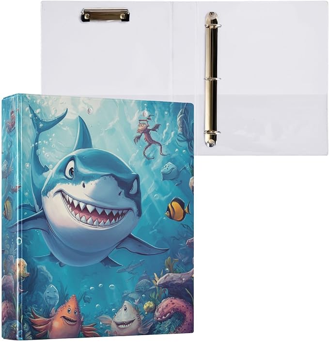 3 Ring Binders 1.5 Inch Clear View Three Ring Binders Versatile Cartoon Shark in Ocean Binder for Work School Office Supply 2 Packs