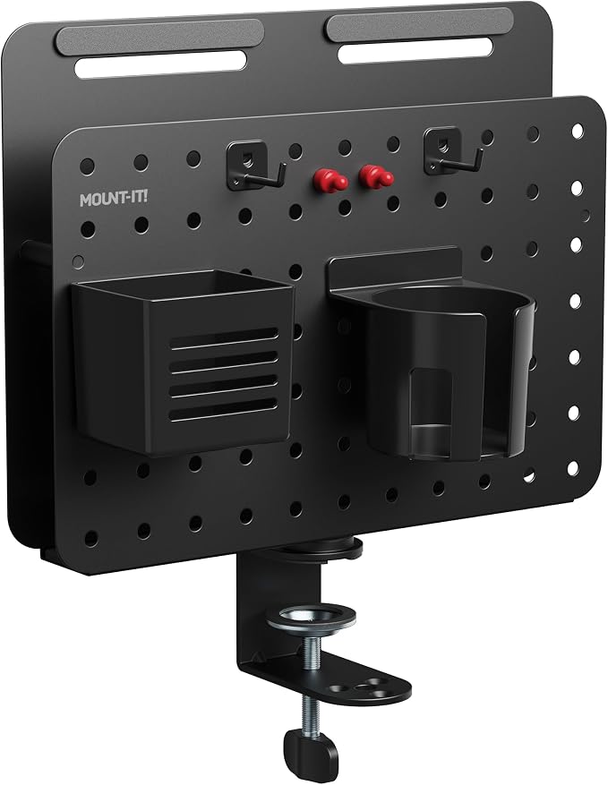 Mount-It! Desk Pegboard Organizer, 360 Rotation, Black | Clamp-on desk storage with cup holder, pen holder, hooks & magnets for home office, workshop & crafting stations.