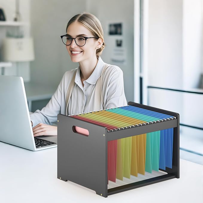 Bamboo Hanging File Box Organizer, Wood File Folder Storge, Black, 2 Pack