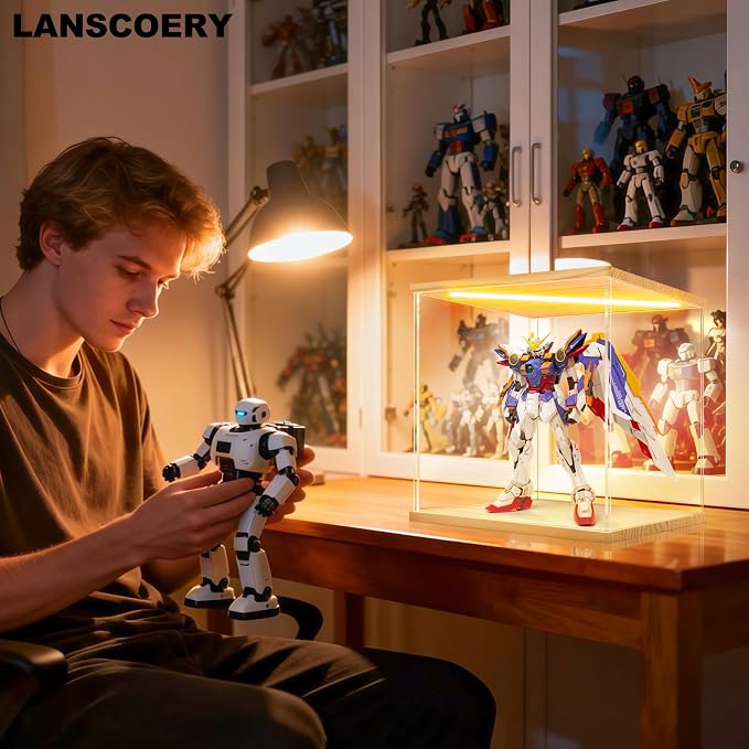 LANSCOERY Acrylic Display Case for Collectibles, 4-Tier LED Light, Wood | 3mm clear acrylic panels with front door access and tri-color top light for small figures on a desk or shelf.