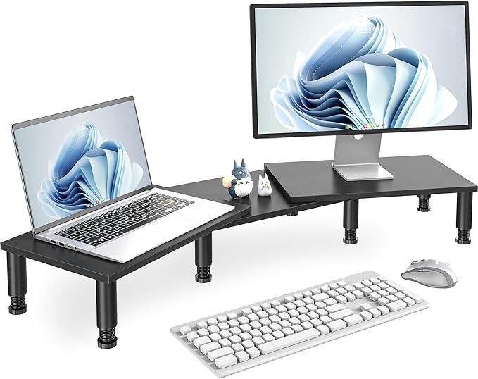 Dual Monitor Stand Riser, Monitor Stand with Adjustable Height Steel leg, Wood Monitor Stand for Desk, Monitor Riser for 2 Monitors with Storage Space Black