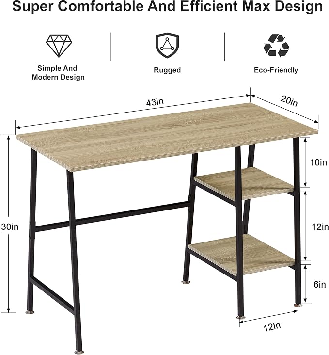 VECELO 43.1 Inch Computer Desk Home Office Oak Study Desk Work Office Table with Shelves Wooden Desk for Bedroom 2 Set