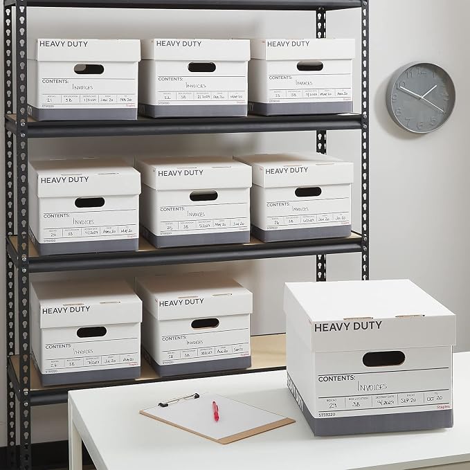 Staples Triple Wall Heavy Duty File Box, Lift-Off Lid, 12/Carton | White/gray boxes for letter or legal documents in bulk storage settings.