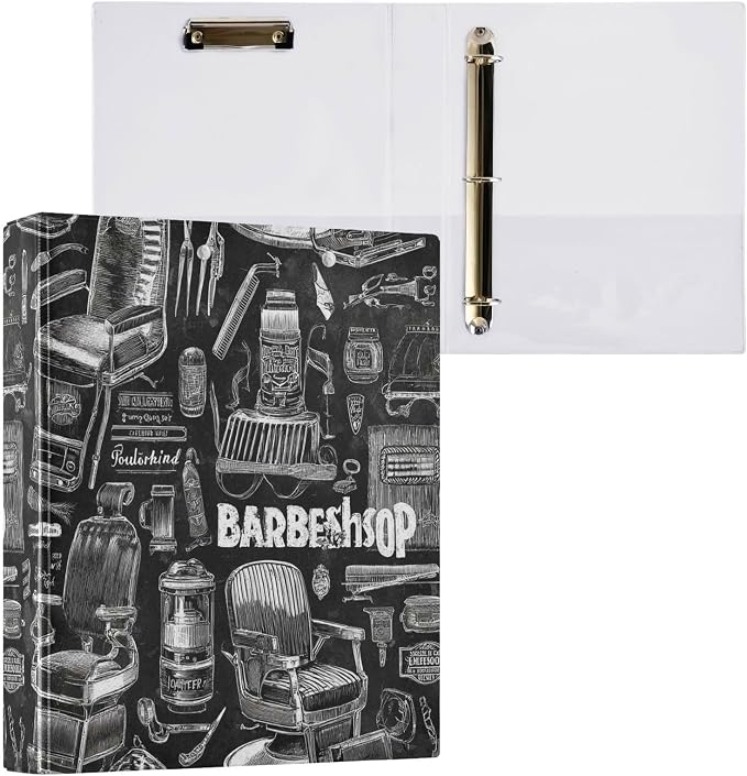Caikeny 3 Ring Binder Vintage Barbershop Equipment 1.5 Inch Binders Round Ring Clipboard with 2 Pockets for Office Supplies