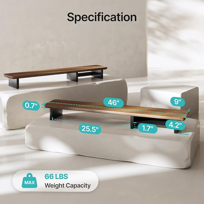 46" Dual Monitor Riser, Metal Shelf Wooden Desk Organizer | Walnut Wooden Desk Shelf for 2 Monitors/TV,Monitor Stand Riser for Desk, Wood Monitor Stand Organizer for Home Office