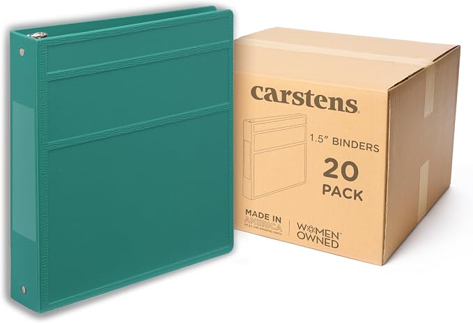 Carstens 1.5-Inch Heavy Duty 3-Ring Binder - Side Opening, Teal, Durable Plastic, No-Gap Rings, Waterproof Covers, No Pockets, Holds 250 US Letter Sheets, BPA-Free, Made in USA (2043-3R), Case of 20
