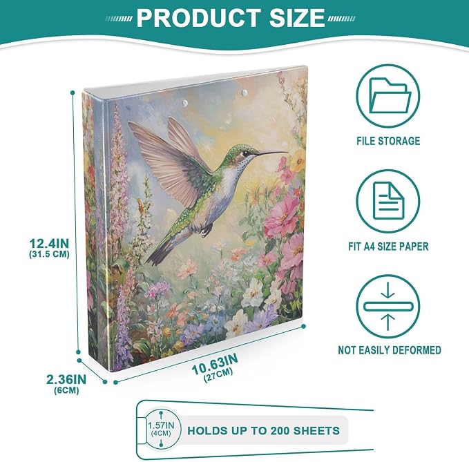 Flower Hummingbird Binder 1.5 Inch Binder with Clipboard&Pockets, Retro Vintage Humming Bird Floral Hardcover Binders 3 Ring, Heavy Duty Large File Folder for Office School Supplies