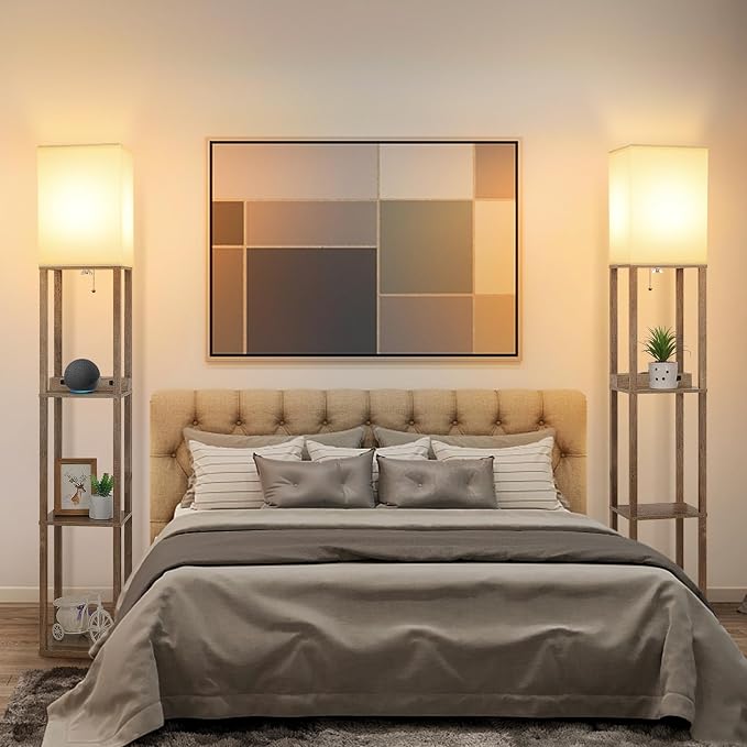 Shelf Floor Lamp with Wireless Charger, USB, Type C, AC Port, Wood | Fast Charging USB Ports & Type C Port & 2 Power Outlets, 3 Tier Storage Shelf Lamp, E26 Base, 60W Max(Bulb Not Included)