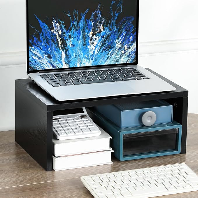 TEAMIX 6.7 inch Tall Monitor Stand Riser, Wood Shelf Riser, Desk Organizer | Laptop/Printer/Computer Stand, Extra Storage Underneath, Minimalist, Modern Design, Smooth Black Finish, for Home Office