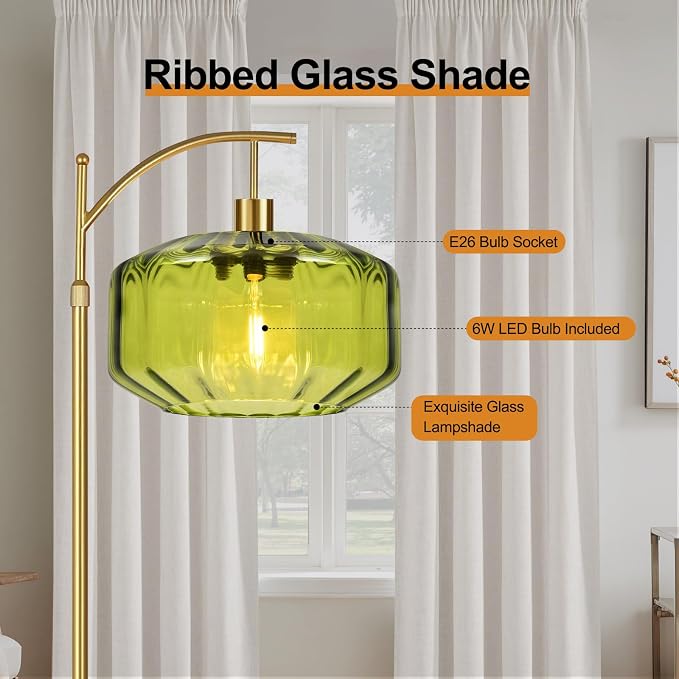 Gold Floor Lamps for Living Room Bedroom,Glass Floor Lamp with Remote Control & Green Lampshade,Arc Dimmable Floor Lamp Mid Century Modern Standing Lamp Vintage Tall Floor Lamps for Bedroom Corner
