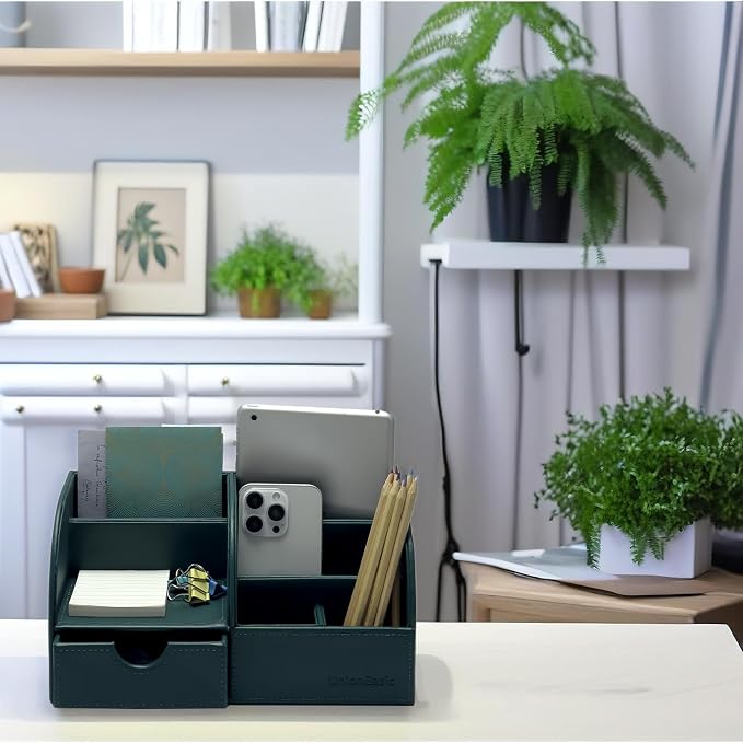 UnionBasic Desk Organizer - Multifunctional Leather Desktop Pen Holder Storage Box - Business Card/Pen/Pencil/Mobile Phone/Stationery Holder, Vintage Green