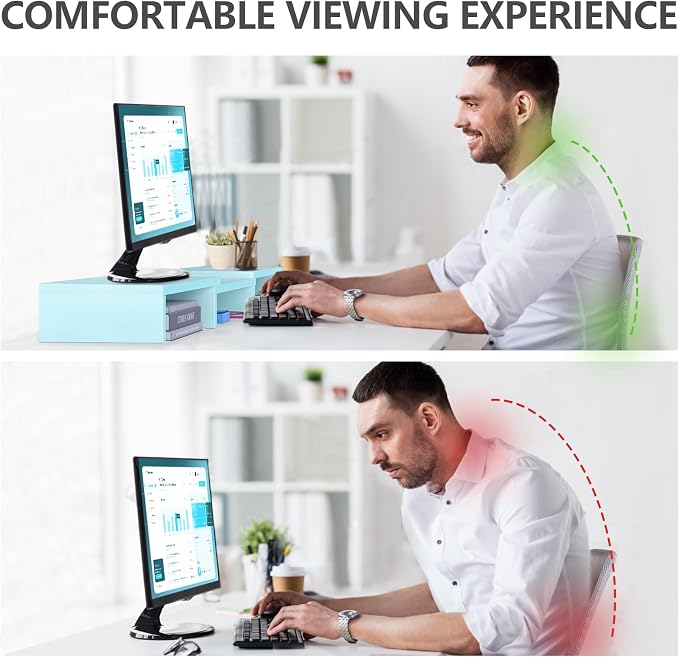TAVR Dual Monitor Stand Riser, Wooden Computer Monitor Stand for 2 Monitors | Extra Long Multifunctional Desktop Organizer Riser for TV, PC Monitor, Laptop, Printer, Max 43.3" Length, Blue