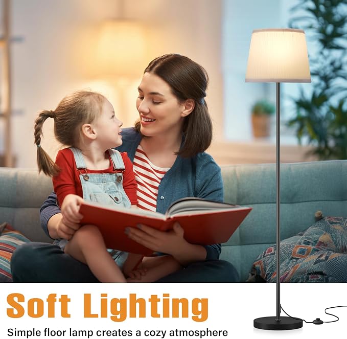 60'' Modern Floor Lamp with Shade, Tall Lamps for Living Room, Bedroom, Office, Dining Room, Pleated Fabric White Lampshade(Without Bulb)