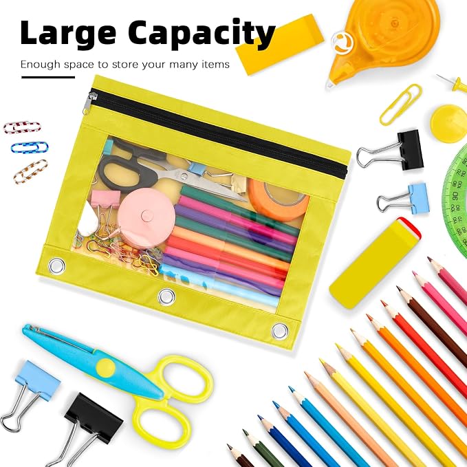 Pencil Pouch for 3 Ring Binder, 16 Pack Pencil Bags with Zipper, Large Capacity Pencil Case for Binder Assorted Color Pencil Case Pouch with Clear Window and Grommets Pencil Pocket for Office Supplies