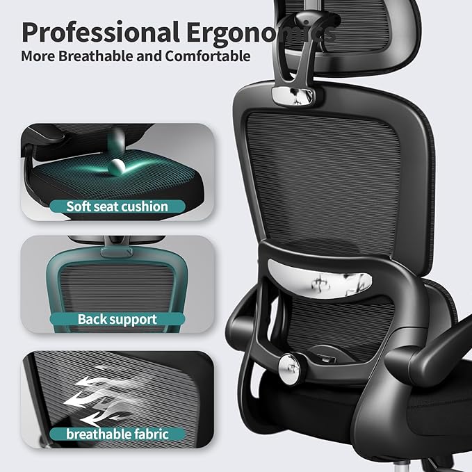 TRALT Office Chair Ergonomic Desk Chair - Gaming Chair with Lumbar Support | 330 LBS Home Office Desk Chairs with Headrest, Reading Chair with Flip-up Armrests, Comfortable Computer Chairs (5, Black)