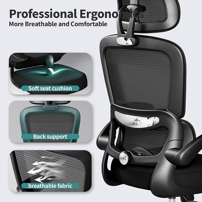 TRALT Office Chair Ergonomic Desk Chair - Gaming Chair with Lumbar Support | 330 LBS Home Office Desk Chairs with Headrest, Reading Chair with Flip-up Armrests, Comfortable Computer Chairs (10, Black)