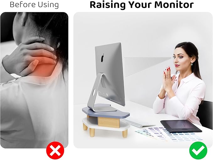 AFOOYO Monitor Stand Riser,2 Tier Corner Wood Sturdy 16.5In Computer Stand, Multi-Purpose Desktop Storage Stand for Laptop,PC,iMac,Printer,Computer,Blue
