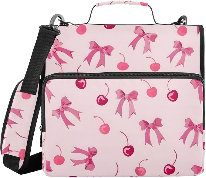 Pink Bows Cherry 3 Ring Binder Bag 1.5 inch Binder Organizer with Zipper Shoulder Strap 500 Sheet Documents Storage for School Office