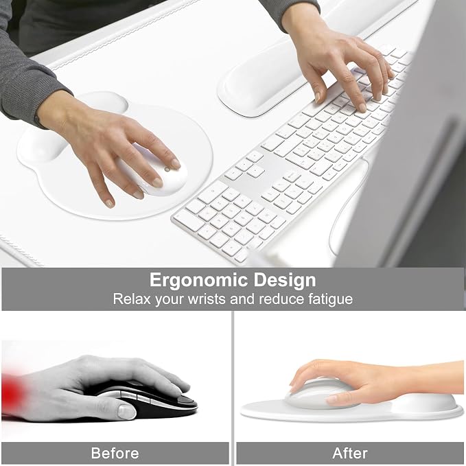 Dapesuom Large Gaming Mouse Pad, White Mouse Pads with Wrist Rest Wrist Support, 4in1 Big XXL Desk Mat Desk Pad + Ergonomic Mousepad + Memory Foam Keyboard Mat Wrist Rest + Coaster Set for Computer