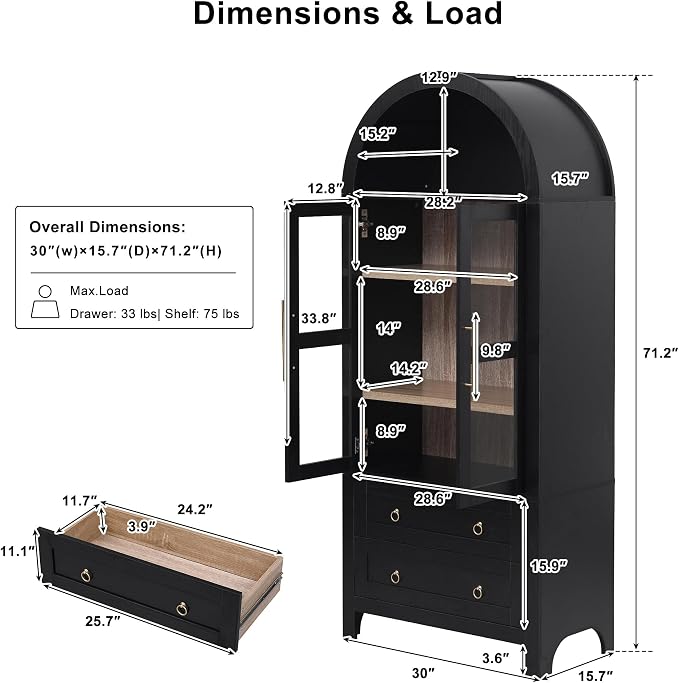 71" Arched Storage Cabinets with Glass Doors, Farmhouse Kitchen Pantry Cabinet with 2 Large Drawers, Tall Bookcase with Adjustable Shelves, Curio Cabinet, Display Cabinet (Black)