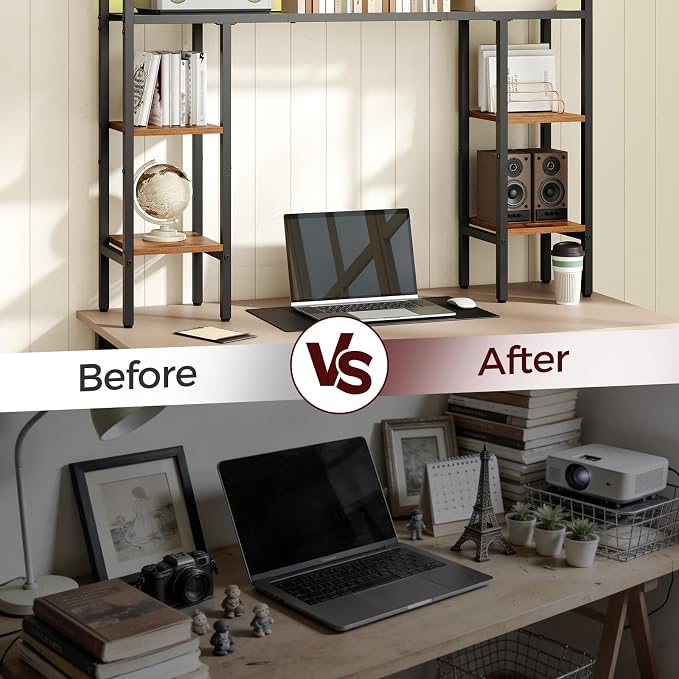 MAHANCRIS Desk Shelf, 43.3" Desk Hutch with Light Strip | Office Desktop Organizer, 5 Tier Desktop Bookshelf for Computer Monitor, Storage Rack for Study, Home Office, Rustic Brown