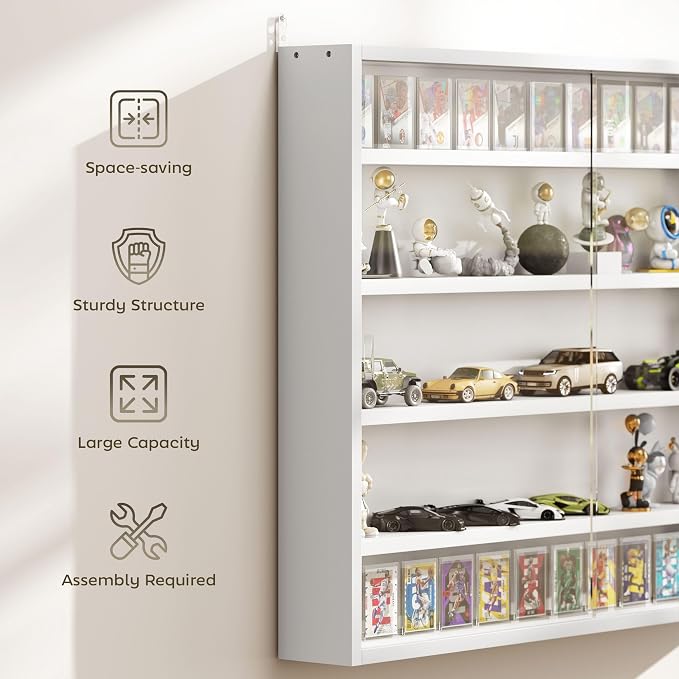 HOMCOM 5-Tier Wall Mounted Display Cabinet Glass Doors 60x80cm, White | Display Case, 4 Adjustable Shelves, for Home Office Ornaments