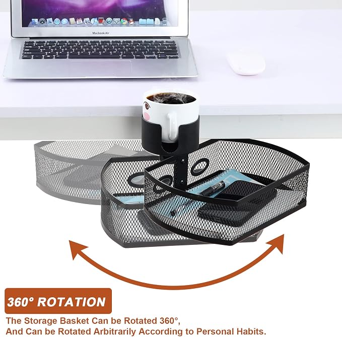 MASTLU Under Desk Organizer,Cup Holder,Table Management Tray, Swivel Pencil Drawer, Office No Drill Steel Organizers,360 Spin Hidden Storage Box with Sturdy C-Clamp,Easy Install (Black)