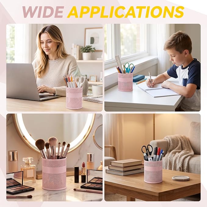 Segarty Pen Holder, 12 Pack Pink Pencil Holder, 3.3 x 3.9 inch Pens Cups, Round Metal Pencils Container Desktop Organizer for Office Supplies, School Classroom, Makeup Brush