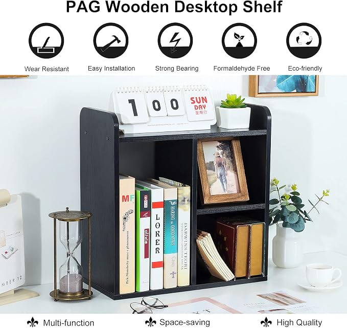 Desktop Shelf Freestanding Wood Small Bookshelf Desk Supplies Organizers and Accessories Storage Display Rack Office Decor for Women, Black