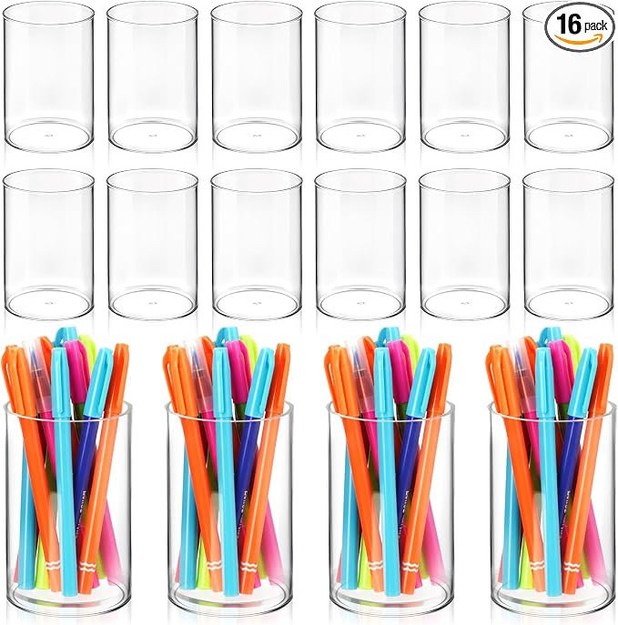 Kifmurase 16 Pack Clear Acrylic Pen Holder, Round Pencil Holder for Desk Pen Cups Makeup Brush Holders Stationery Organizer for Office School Home Desk Accessories