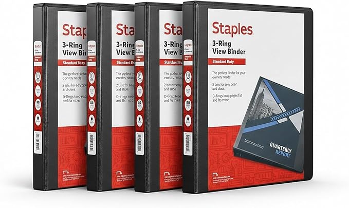 Staples 1" 3-Ring View Binder, D-Ring, Black, 4/Pack