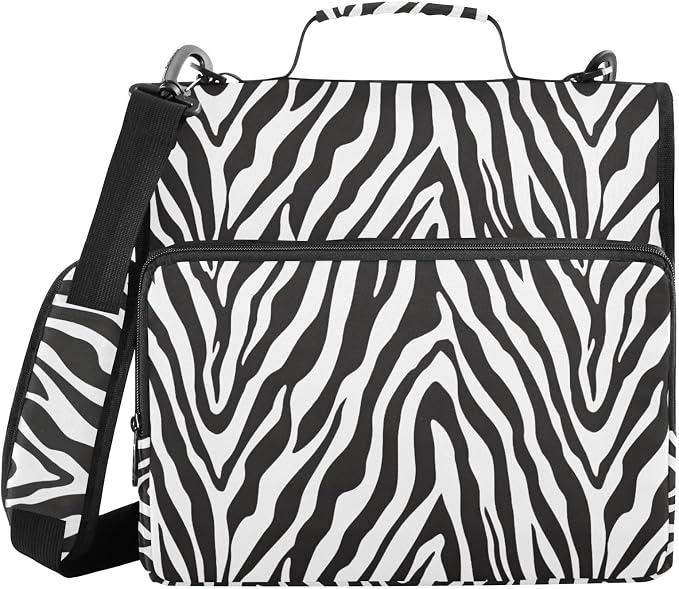 Zebra Skin Print Zipper Binder 3 Ring with Handle and Shoulder Strap, 500 Sheet Binder Organizer Capacity & Multi-Pockets for School Office