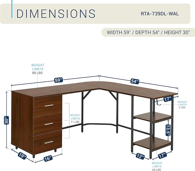 Techni Mobili L Shaped Desk - Two-Toned Computer Desks for Home Office with Storage Shelves & Cabinet - Simple Modern Furniture & Office Space Corner Table for Work & Writing - Grey & Walnut | 59" two‑tone L‑shaped desk with storage shelves, durable fr...