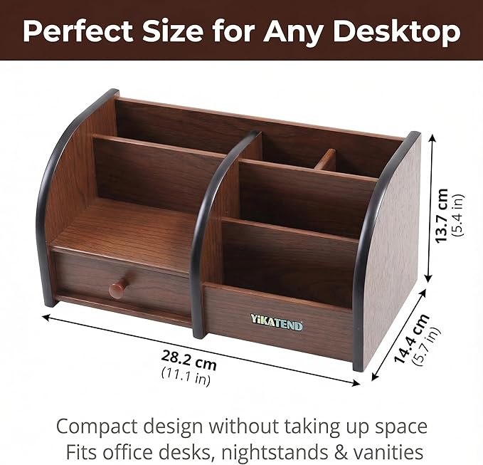 Wooden Desk Organizer with Drawer, Multi-Compartment Desktop Storage for Office Supplies, Remote Control, Phone, Makeup & Accessories